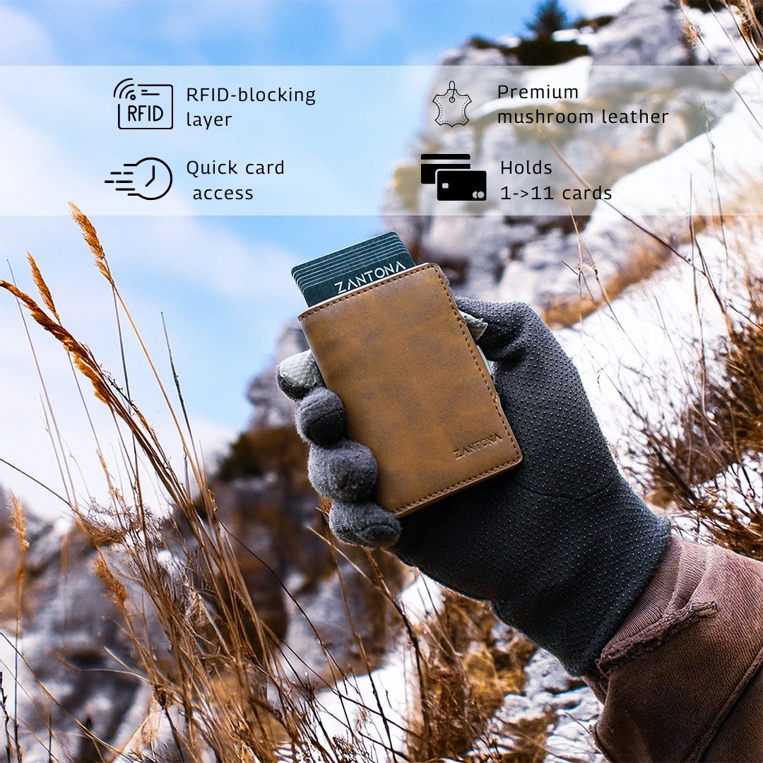 Zantona Vanguard Wallet made with sustainable mushroom leather, RFID-blocking technology and minimalist design for explorers.