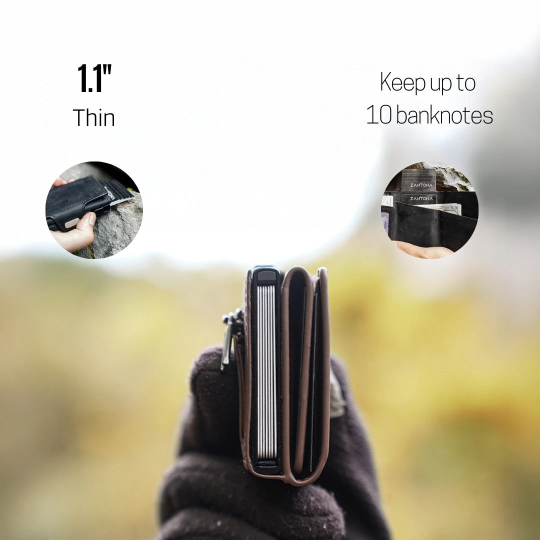 Zantona Vanguard Wallet's ultra-thin design (0.59 inches), capable of holding cards and up to 4 banknotes, ideal for sleek and secure travel.